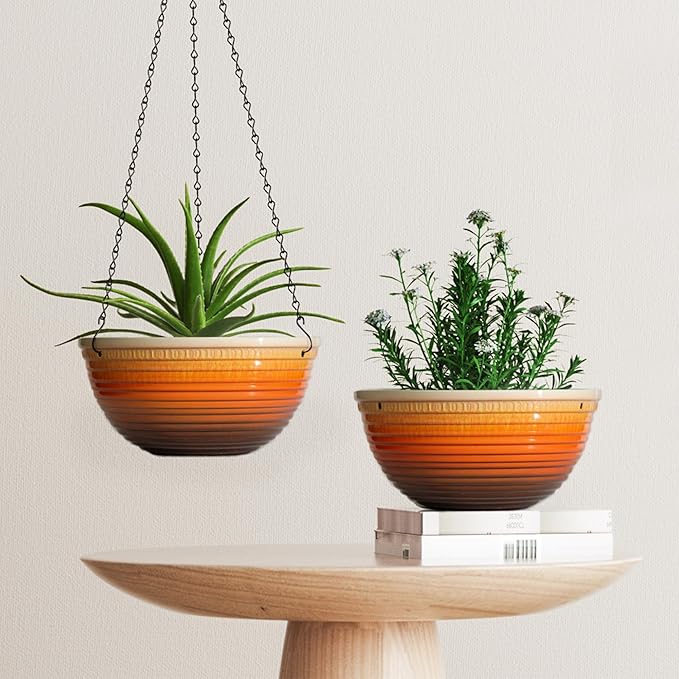 12 inch Hanging Planters for Indoor Outdoor Plants, 2 Pack Large Hanging Flower Pots with Drainage Holes and Chain, Glazed Hanging Baskets for Home Garden Decoration, Orange Vanslogreen