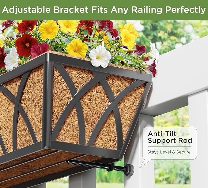 Y&M 24 Inch Window Deck with Coco Liner, Fence Metal Hanging Flower Planter Window Basket Deck Railing Planter Boxes for Outdoor Garden Lawn, 24" Window Boxes Horse Trough with Coconut Coir Liner,4pcs YM