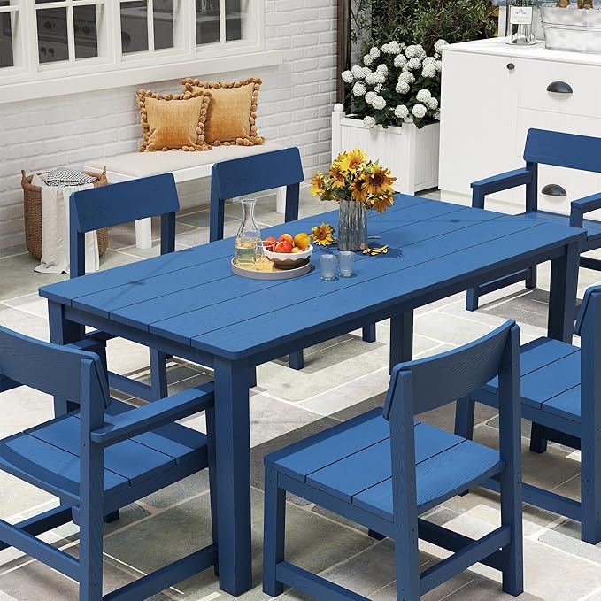 7 Piece Outdoor Dining Table Set HIPS Patio Dining Sets with Umbrella Hole Outdoor Furniture for 6 All Weather Patio Furniture Set for Outside Deck Backyard Poolside Garden, Deep Blue JOCOEVOL