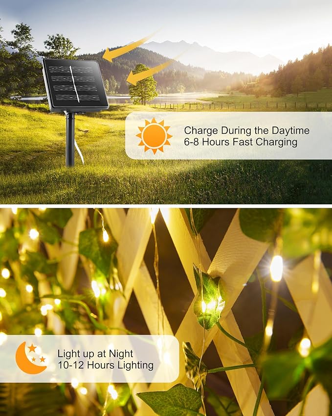 Brightown Solar Fairy Lights Outdoor, 2 Packs Total 66Ft Solar String Lights with Ivy, Plant Vine for Camping Outside Garden Yard Fence Wall Brightown