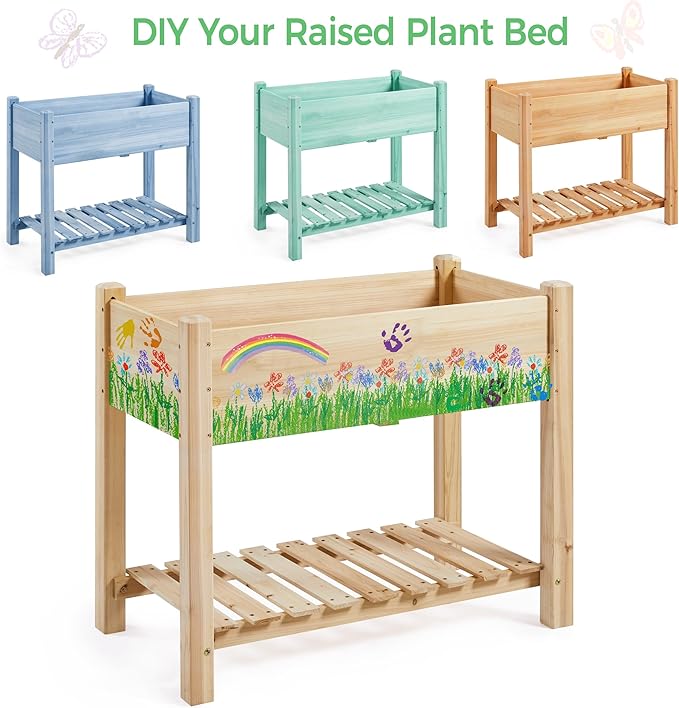 Yaheetech 34x18x30in Horticulture Raised Garden Bed 2pcs Planter Box with Legs & Storage Shelf Wooden Elevated Vegetable Growing Bed for Flower/Herb/Patio/Balcony, Natural Wood Yaheetech