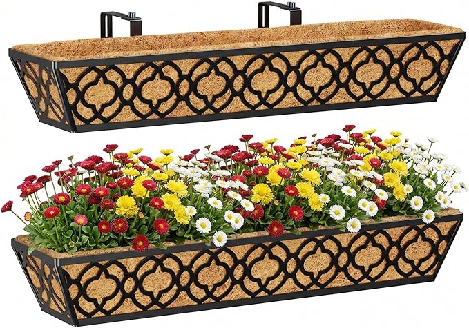 Y&M 2pcs 30" Window Boxes Horse Trough with Coconut Coir Liner,30 Inch Window Deck with Coco Liner, Black Metal Hanging Flower Planter Window Basket Deck Railing Planter Boxes for Outdoor Indoor YM