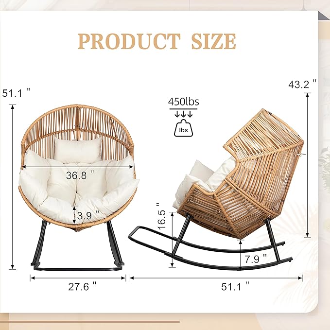 Vongrasig Wicker Egg Chair PE Rattan Rocking Chair with Cushion, Oversized Patio Lounge Rocker Chair for Outdoor, Indoor, Balcony, Backyard, Garden, Beige Vongrasig