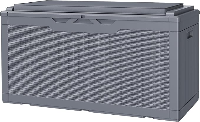 JUMMICO 100 Gallon Resin Deck Box with Cushion, Waterproof Outdoor Storage Box with Lockable Lid for Garden Tools, Patio Cushions (Gray) JUMMICO