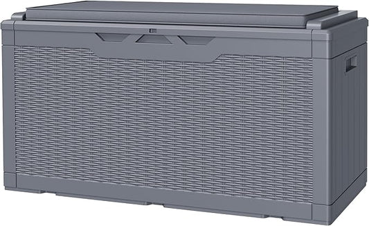 JUMMICO 100 Gallon Resin Deck Box with Cushion, Waterproof Outdoor Storage Box with Lockable Lid for Garden Tools, Patio Cushions (Gray) JUMMICO