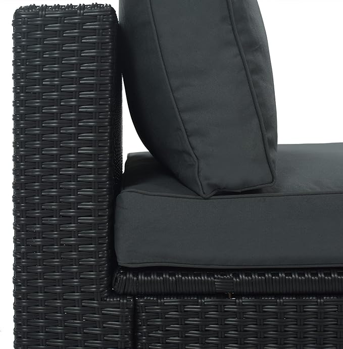Merax 7-Piece Outdoor Wicker Sectional Sofa Set,Modular Rattan Conversation Set with Gray Cushions,Striped Green Pillows & Tempered Glass Coffee Table for Patio,Garden,Deck,Black Merax