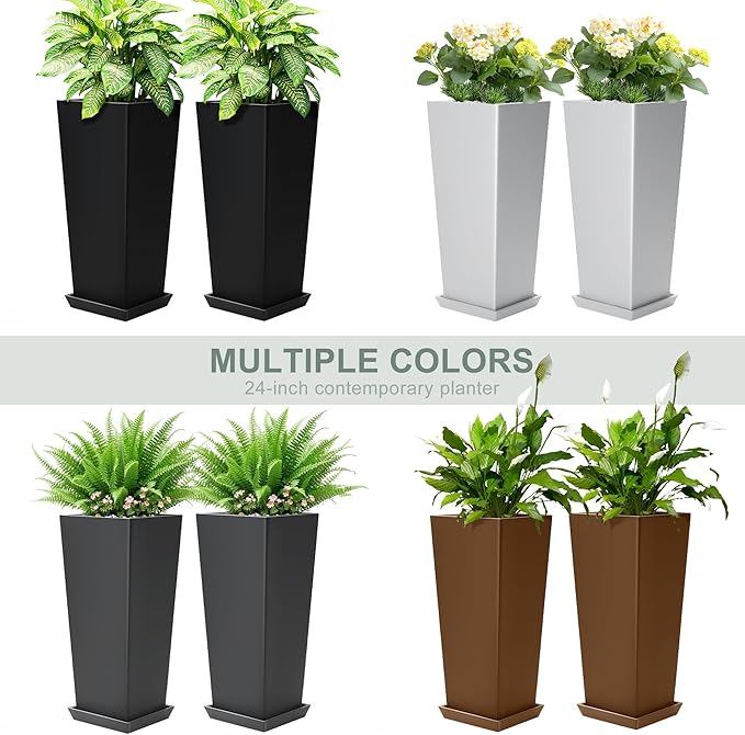 Set of 2 Large Planters for Outdoor Plants 24" Tall Tapered Modern Flower Pots with Drainage Tray for Garden, Patio, Porch (Brown) PolarcoForgeco