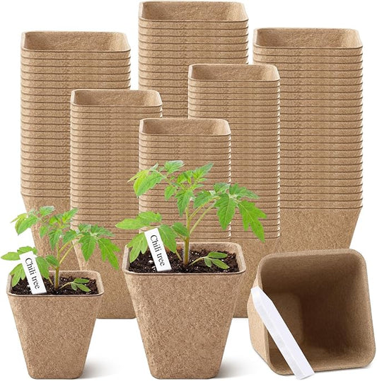 120 Pcs Square Peat Pots for Seedlings with 120 Plant Labels 3.25 and 2.3 Inch Seed Plant Starting Biodegradable Nursery Pots with Drainage Holes for Indoor Outdoor Gardens Rootora