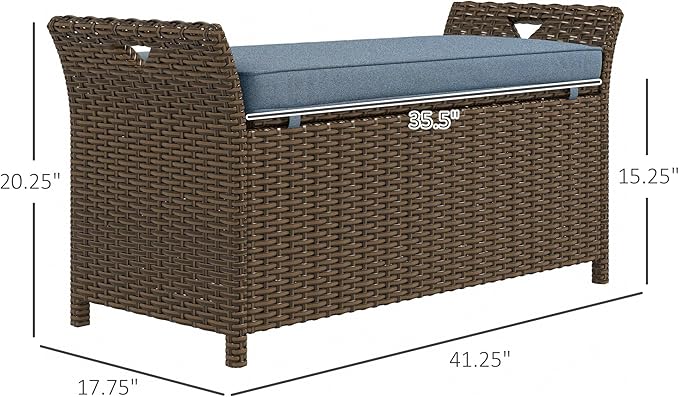 Outsunny 29 Gallon Patio Wicker Storage Bench, Outdoor PE Rattan Patio Furniture, 2-in-1 Large Capacity Rectangle Garden Storage Box with Handles and Cushion, Dark Blue Outsunny