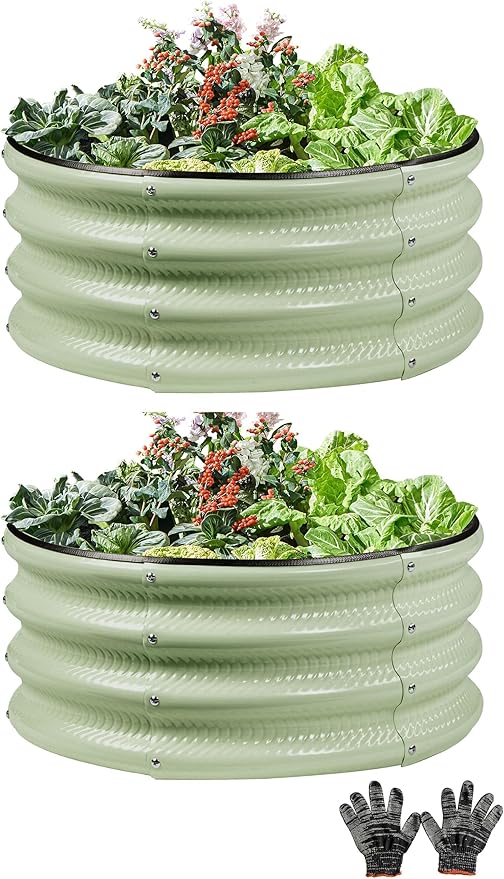 2 Pcs 2x2X1 ft Galvanized Raised Garden Bed with Embossed Leaf Vein Pattern, Light Green Metal Round Outdoor Planter Box for Vegetables, Fruits, Flowers & Herbs Gartist