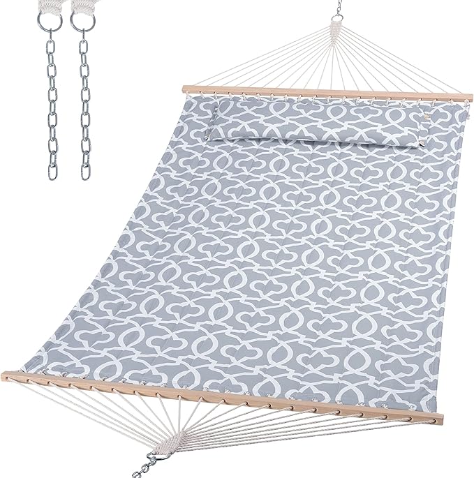 SUNCREAT Double Quilted Hammock with Hardwood Spreader Bar, Extra Large Soft Pillow, Heavy Duty 2 Person Hammock for Indoor, Outdoor, Grey Pattern SUNCREAT