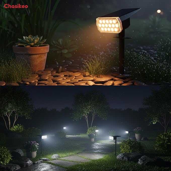 Solar Lights Outdoor Waterproof, 3 Lighting Modes Solar Spot Lights Outdoor, LED Solar Spotlights, Ultra Bright Dusk-to-Dawn Uplights for Garden, Landscape, Yard, Pathway, IP65, Auto On/Off Chasikeo
