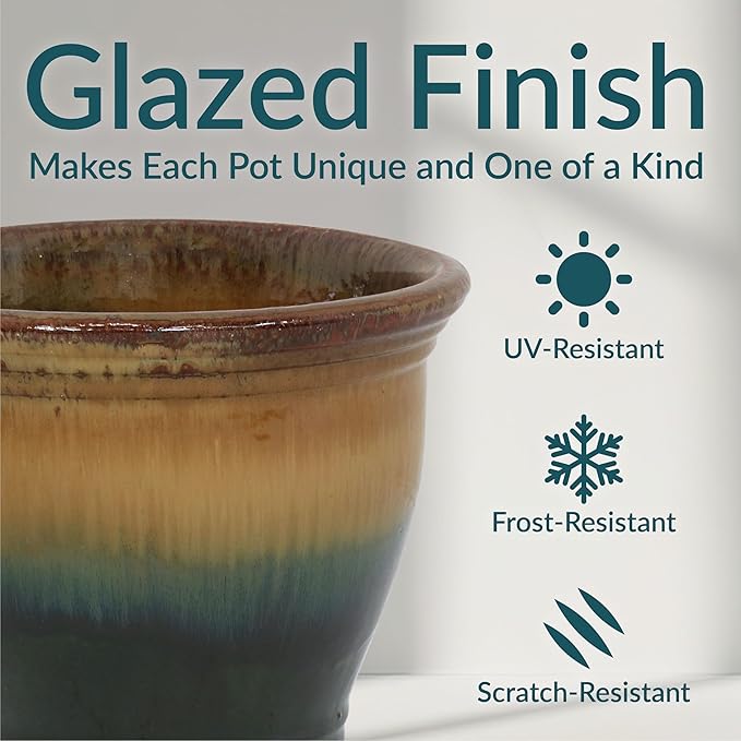 Sunnydaze Round Ceramic Planter - Set of 2 Indoor or Outdoor Plant Pots with Drainage Hole - Studio - 11" - Forest Lake Green Glaze SunnydazeDecor