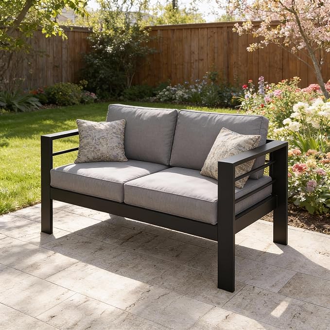 Kiss the Water Outdoor Patio Furniture Loveseat Sofa, All-Weather Metal Aluminum Patio Couch with 5" Thick and Soft Cushion and Wide Arm, Outdoor Couch for Balcony, Porch, Backyard KisstheWaterPatioTool