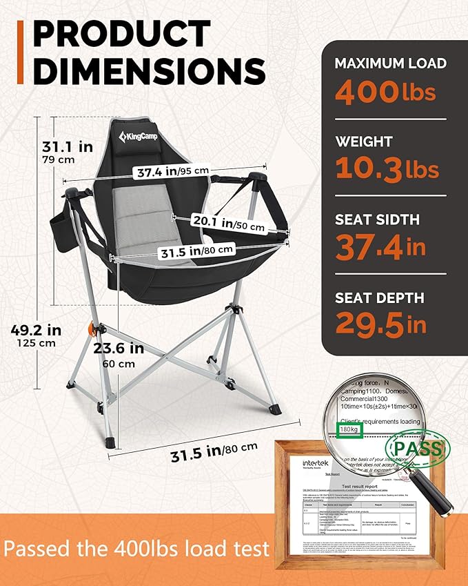 KingCamp Hammock Camping Chair, Swinging Portable Folding Camp Chairs for Adults Max 400lbs Heavy Duty Foldable Oversized Rocker with Aluminum Alloy Frame Cup Holder for Outdoor Beach Patio Sport KingCamp
