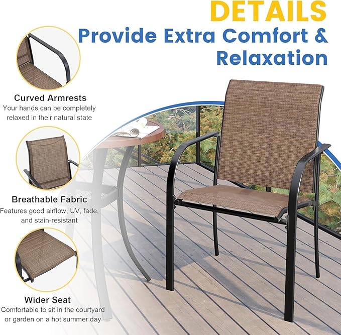 VICLLAX Patio Dining Set for 6, Outdoor Furniture Set Includes 47.2" Round Patio Table and 6 Patio Sling Chairs, Black Tabletop and Brown Fabric HOME