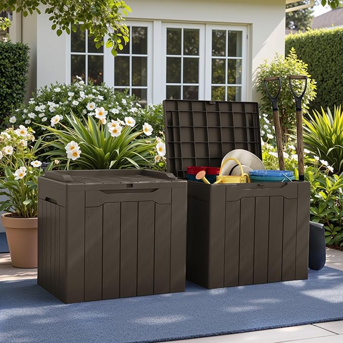 Greesum 31 Gallon Deck Box for Outside, All Weather Outdoor Storage Boxes for Patio Furniture Set, Package Delivery Box, Garden Tools, Brown(Set of 2) BuynowfromGreesum