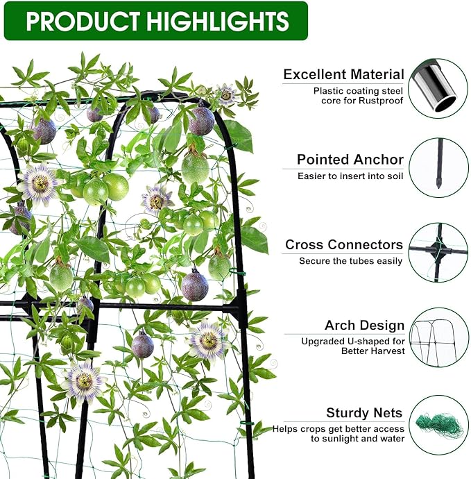 Garden Arch Trellis for Climbing Plants Outdoor, 50x48 inch Cucumber Trellis Raised Bed, Rustproof Metal Climbing Plant Support Vegetable Vine Flower Fruits, with Netting, Lightweight, Black OTOSUNNY