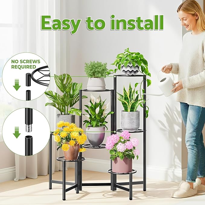 7 Tier Metal Patio Plant Stand Outdoor, Heavy Duty Flower Stands for Indoor Plants, Floding Tall Corner Shelf for Diaplay Racks for Home Decor, Graden, Balcony -BlackDiamond Rootora