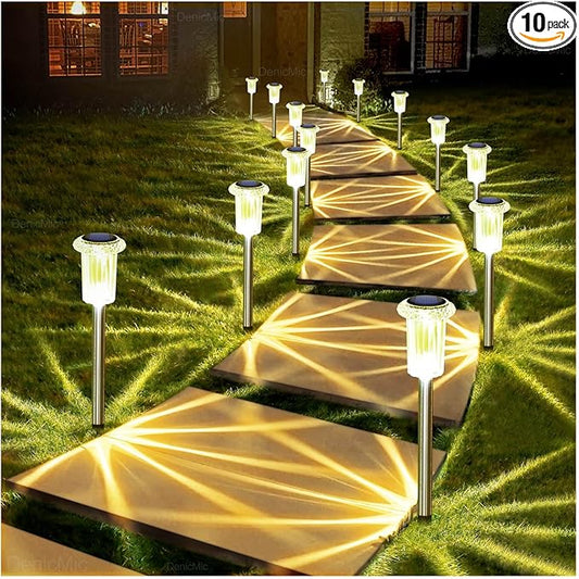 DenicMic Solar Lights Outdoor 10 Pack Waterproof 3000K Warm White LED Stainless Steel Stake Outside Lights for Yard Pathway Garden Driveway Walkway Landscape Path Lighting Denicmic