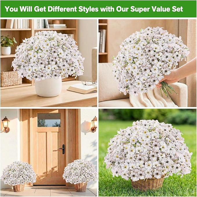22 Pack Artificial Flowers Outdoor Fake Plants, Faux Flowers UV Resistant with Plastic Plants, Faux Silk Flowers for Outdoors Outside Front Porch Hanging Planter Window Box Garden Decoration(White) Powbrace