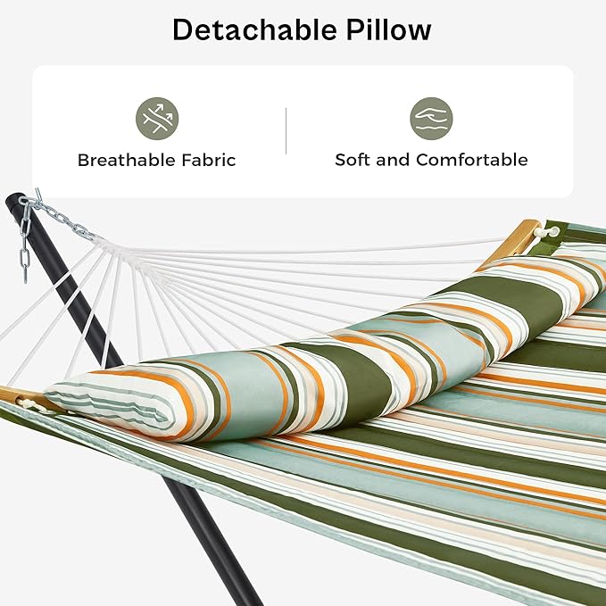 SUPERJARE Hammock with Stand, 2 Person Heavy Duty Hammock with Padded Cotton, Detachable Pillow & Strong Curved-Bar & Portable Carrying Bag, Perfect for Outdoor & Indoor, Retro Green SUPERJARE