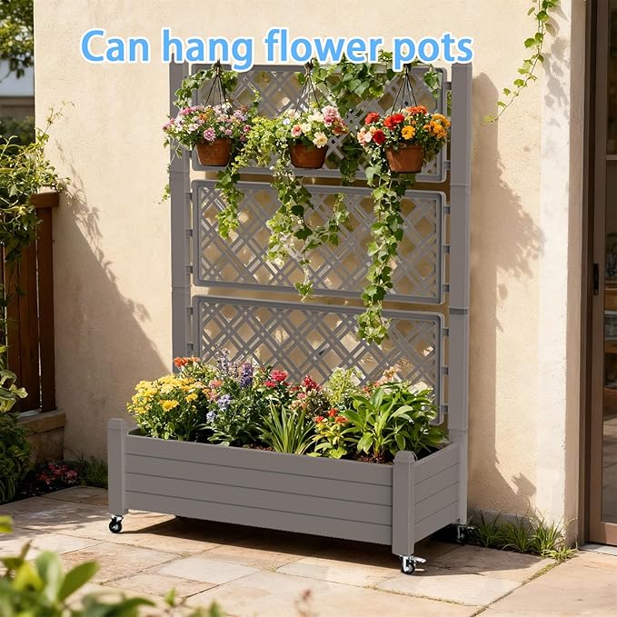 Mobile Garden Planter with Trellis & Lockable Wheels, Outdoor Raised Bed with Drainage & Water Gauge, Weather-Resistant Resin for Patio, Balcony, Yard, Dust-Resistant (Grey, 43.43*18.27*64.29) EASYUP