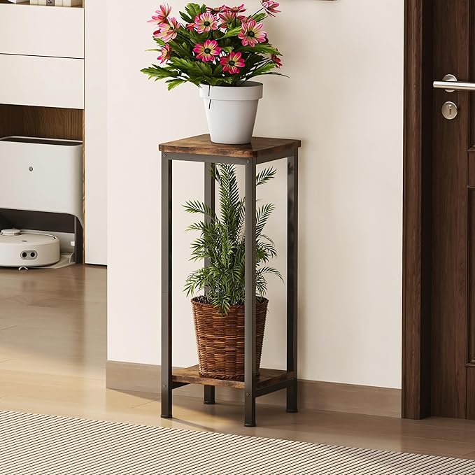 Homeiju 2-Pack Plant Stand Indoor, 2 Tier Wood Corner Plant Stand, Modern Square Plant Shelf Flower Stand for Living Room Patio Balcony Garden, Rustic Brown Homeiju