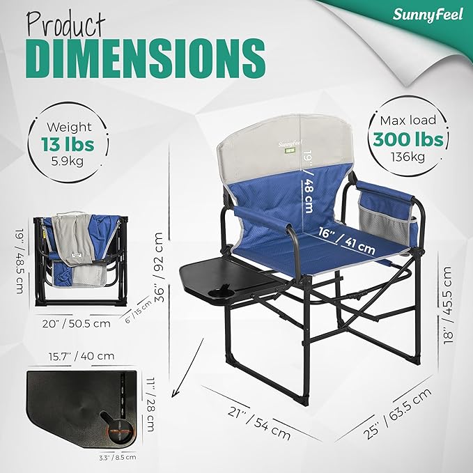 SUNNYFEEL Camping Directors Chair, Heavy Duty,Oversized Portable Folding Chair with Side Table, Pocket for Beach, Fishing,Trip,Picnic,Lawn,Concert Outdoor Foldable Camp Chairs SunnyFeelCamping