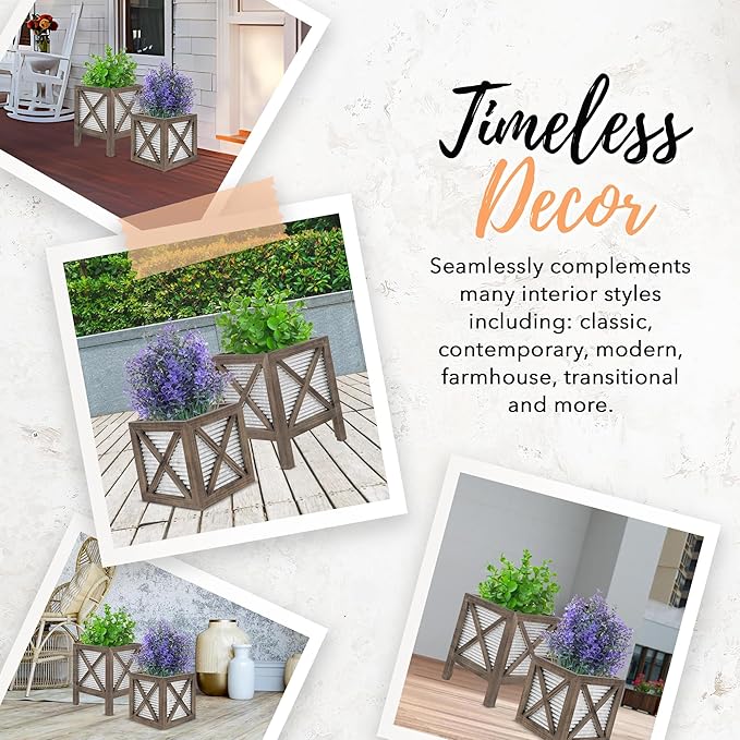 Autumn Alley Farmhouse Front Porch Planters Set of 2 Stand with Galvanized Corrugated Metal Planter for Outdoors/Indoors - Rustic Wood Square Planters Box on Legs – Charming Farmhouse Décor, Brown AutumnAlley