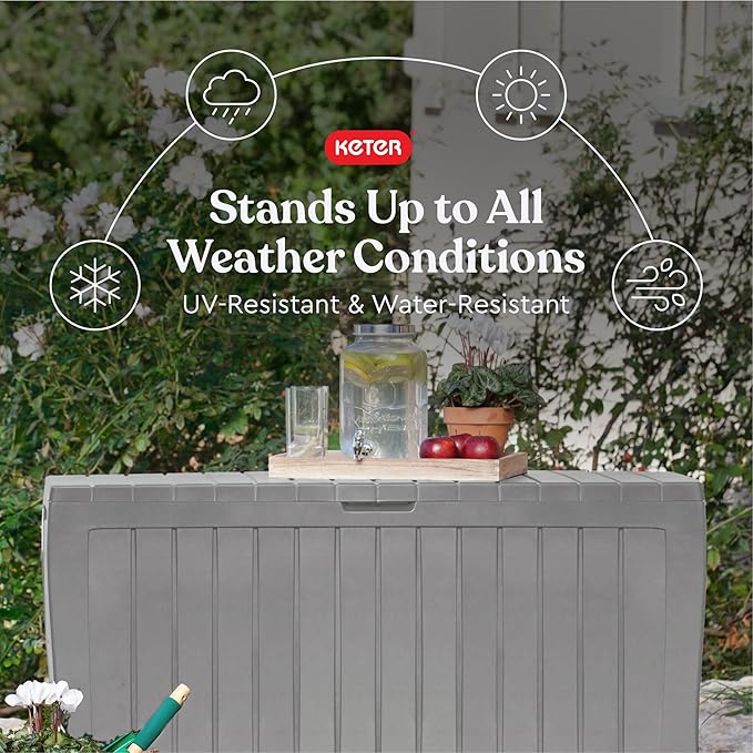 Keter Marvel Plus 71 Gallon Resin Outdoor Storage Box for Patio, Balcony & Garden – Weather‑Resistant Deck Box for Cushions, Pillows, Pool Floats & Tools, Light Grey Keter