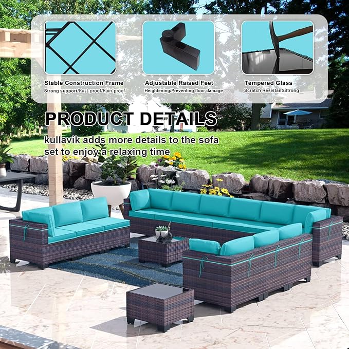 Kullavik 14 Pieces Outdoor Patio Furniture Set PE Wicker Rattan Sectional Sofa Patio Conversation Sets,Blue KULLAVIK