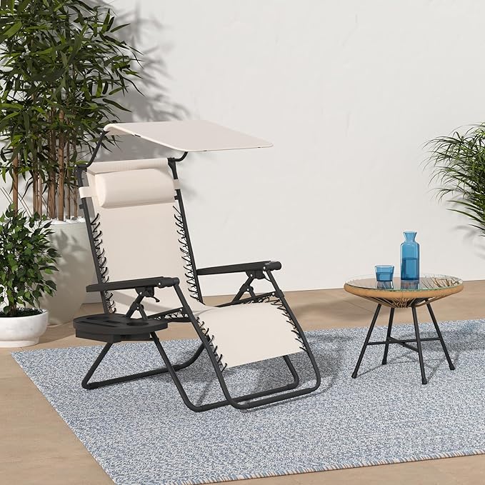 Best Choice Products Folding Zero Gravity Outdoor Recliner Patio Lounge Chair w/Adjustable Canopy Shade, Headrest, Side Accessory Tray, Textilene Mesh - Ivory BestChoiceProducts