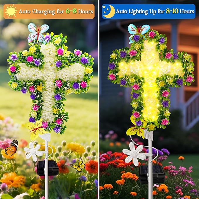 2 Pack Solar Flower Cross for Cemetery Grave, Grave Decorations for Cemetery Solar Crosses, Sympathy Memorial Gifts, for Garden Lawn Yard Patio Decor YJFWAL