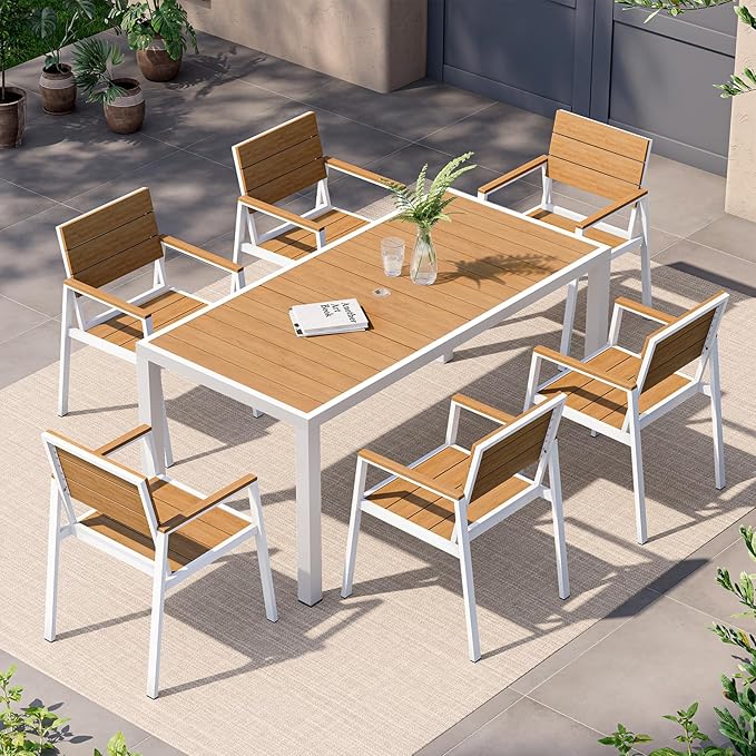 7-Piece Outdoor Dining Set, Aluminum Dining Table Set for 6, Patio Table and Chairs Set with Umbrella Hole, All Weather HDPS Outdoor Table and Chairs for 6 (White-Teak) Vexwalx