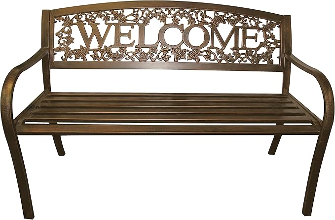 Leigh Country Metal Outdoor Bench, Welcome Design, Decorative Patio Seating for Porch/Deck LeighCountry