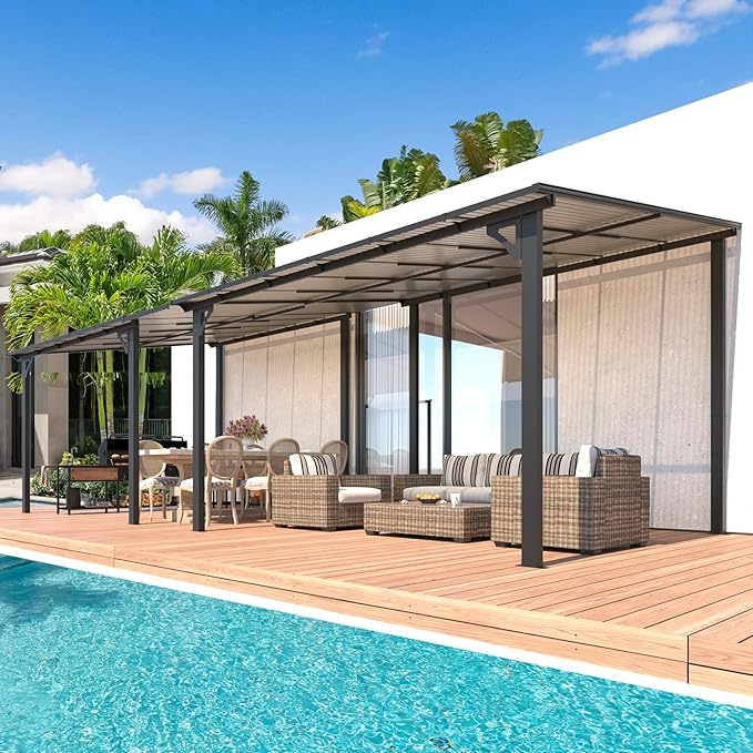 AECOJOY 10' x 24' Gazebo for Patio, Large Wall-Mounted Hard Top Lean-to Gazebo Pergola with Roof 24' x 10' on Clearance, Heavy Duty Patio Awnings for Decks, Backyard AECOJOY