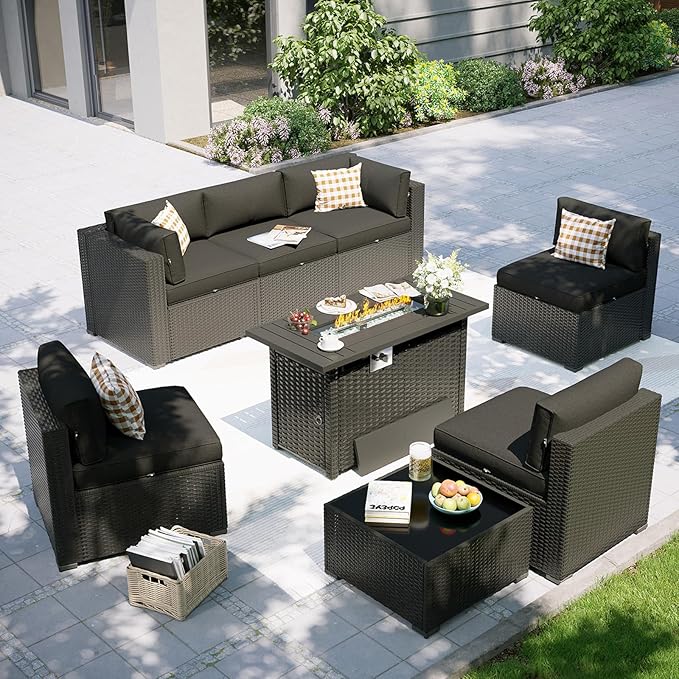 Aoxun Patio Furniture Set with Fire Pit Table, 8 Piece Outdoor Sectional Sofas, Wicker Rattan Outdoor Furniture with Thickened Cushion for Backyard, Garden Black Aoxun