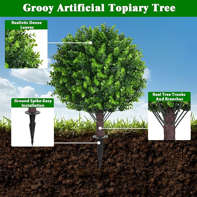 Artificial Topiary Tree with Eucalyptus, Set of 2 Artificial Shrub Bushes with Ground Spike, Fake Evergreen Tree for Porch, Artificial Plants for Outdoor Planters Indoor UV Resistant FEELTHENEWWORLD