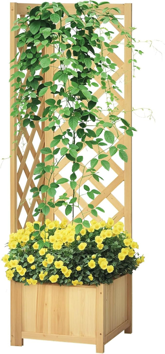 Outsunny Wooden Raised Garden Bed with Trellis, 57" Freestanding Corner Planter Box for Vine Plants Flowers Climbing and Planting Natural Outsunny