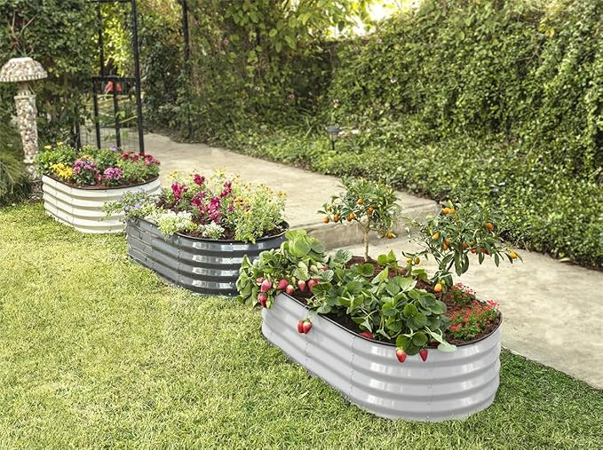 Plant & Plot Galvanized Raised Garden Beds Outdoor // 4×2×1 ft (2-Pack) Planter Raised Beds for Gardening, Vegetables, Flowers // Large Metal Garden Box // Patented Tool-Free Design (Light Gray) PlantPlot