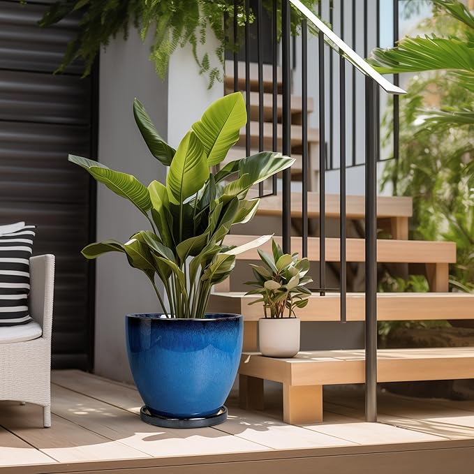 Ceramic Pots for Plants - 10 Inch Planter for Indoor Ourdoor Plants Modern Large Flower Pot with Drainage Hole and Saucer Room Home Office Garden Patio Porch Decor Blue EPFamily