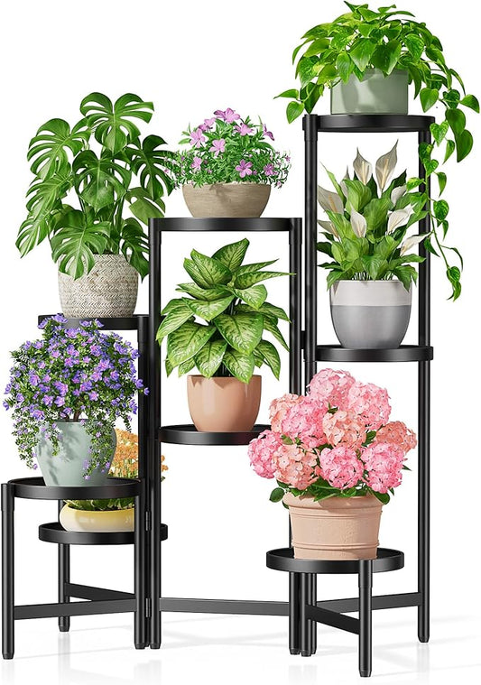 8 Tiered Plant Stand Indoor for Multiple Large Planter, Tall Heavy Duty Adjustable Folding Rack with Rustproof 7.9 Inch Wide Tray, Plant Shelf for Corner Living Room - BlackDisk Rootora