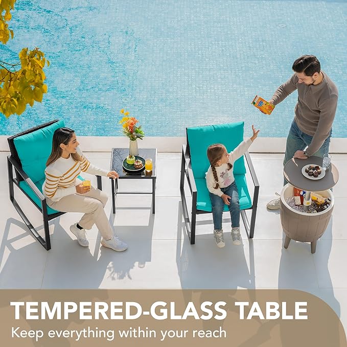 Devoko 3 Piece Rocking Bistro Set Wicker Patio Outdoor Furniture Porch Chairs Conversation Sets with Glass Coffee Table (Blue) DEVOKO