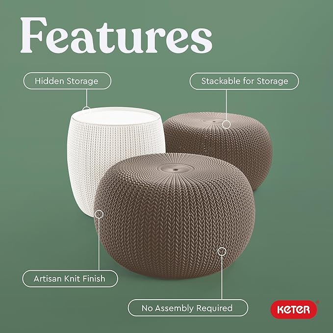 KETER Urban Knit Pouf Ottoman Set of 2 with Storage Table for Patio and Room Décor-Perfect for Balcony, Deck, and Outdoor Seating, Cream & Taupe Keter