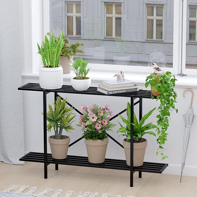 Zhongma 2 Tier Metal Sturdy Heavy Plant Stand, Narrow Plant Stand Indoor and Outdoor, L45.67 x W10.3 x H27.5 inch, 440 LBS Capacity & Heavy Duty Construction. … Zhongma
