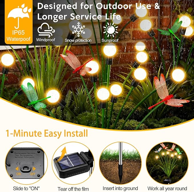Solar Garden Lights Outdoor - 6 Pack Dragonfly Solar Swaying Light, Sway by Wind, Firefly Lights Outdoor Yard Patio Pathway Decoration, Big Bulb, High Flexibility Iron Wire & Realistic Dragonflies yulloyello