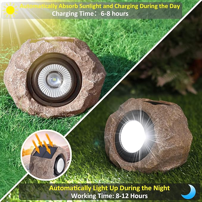 2 Pack Solar Rock Lights Outdoor, Angle Adjustable Solar Lights Outdoor Waterproof, LED Solar Garden Lights, Auto On/Off Landscape Lighting for Yard Pathway Patio Flower Bed - White Glow (Stone Brown) DGSCAK