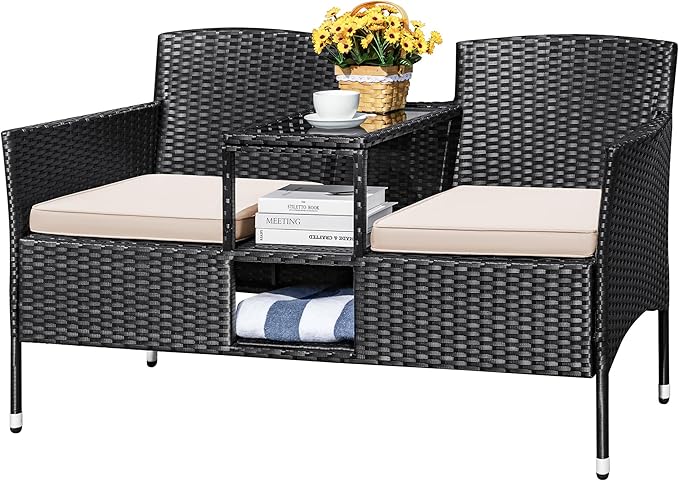 Devoko Outdoor Patio Loveseat Modern Rattan 2-Seat Patio Conversation Set with Cushions & Built-in Coffee Table Porch Furniture for Garden Lawn Backyard (Beige) DEVOKO