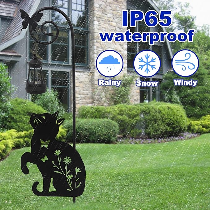 Solar Cat Lantern Garden Stakes - Outdoor Decorative Solar Lights for Yard, Patio, Pathway - Weatherproof Metal Cat Stake with Auto Night Lighting Rootora